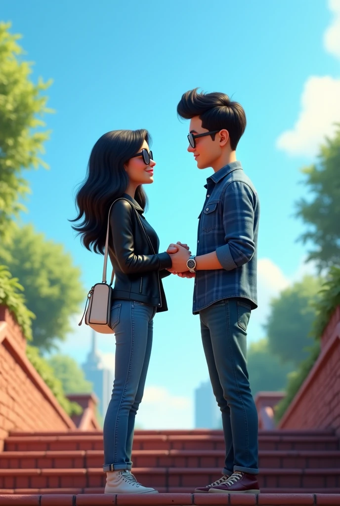 Image image Pixar with a couple in a park with the blue sky behind them some brick stairs the two of them looking into each other's eyes , the woman with black sunglasses, black leather jacket and blue jeans the man with blue checked shirt, jeans and regular glasses , the couple holding hands , The man on the left side and the woman on the right side and both with black hair, the man with a watch on his right hand and the woman with a white bag hanging on her left shoulder