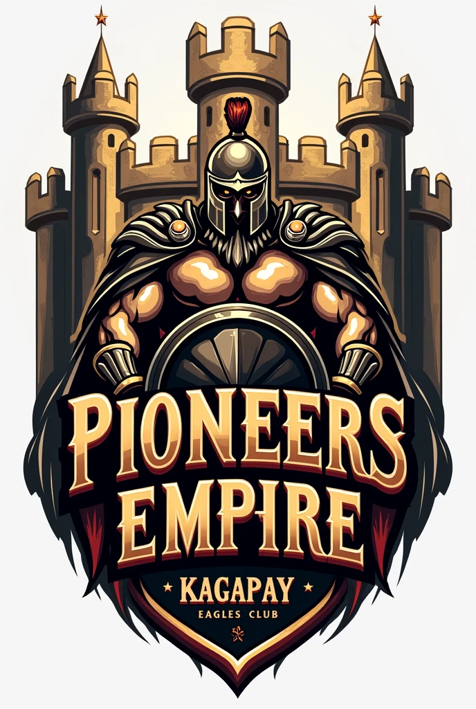 Create logo cyrcle empire castle gladiator holding shield with name write front "Pioneers Empire Kaagapay Eagles Club"