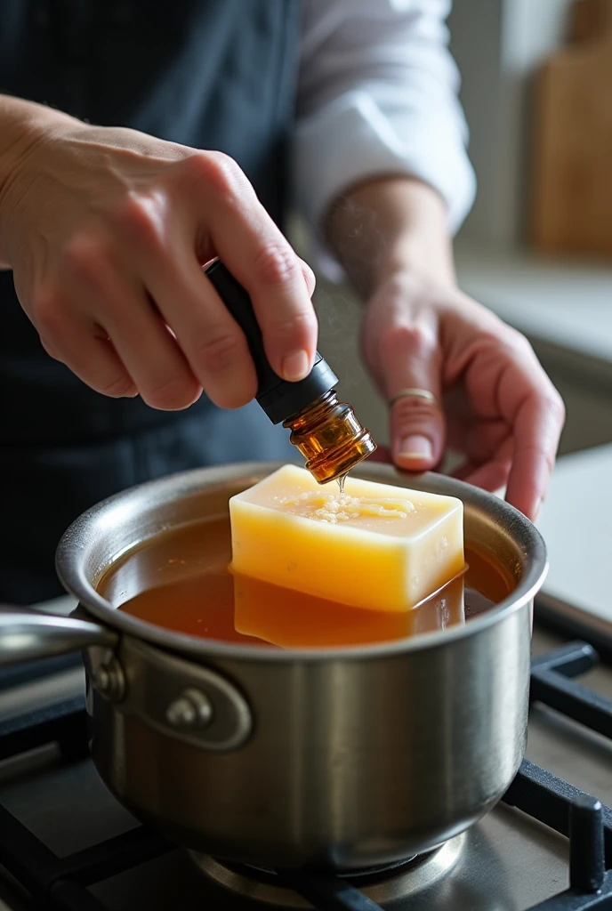 image adding essence to the glycerin bar in a double boiler