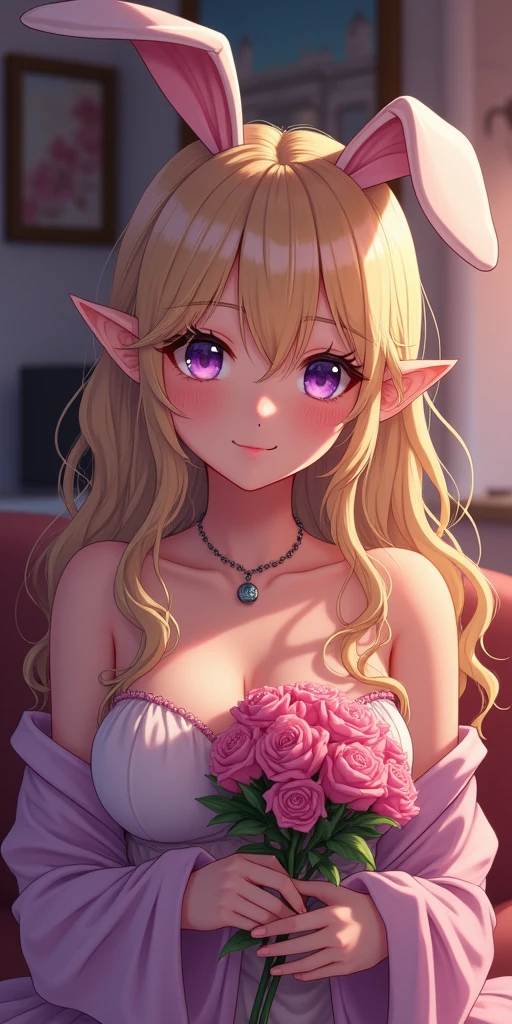 A 2D Anime character. Triangular face shape and Siren eyes. violet eyes. Hair as golden as the sun and slightly wavy. Tanned skin and slim body. human ears. Body glowing faintly yellow.