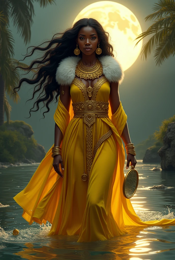 african woman, yellow and gold dress, queen of the rivers, gold coins, long wavy black fur , full moon, necklaces. jewelry, fertility , wind , hand mirror, sexy