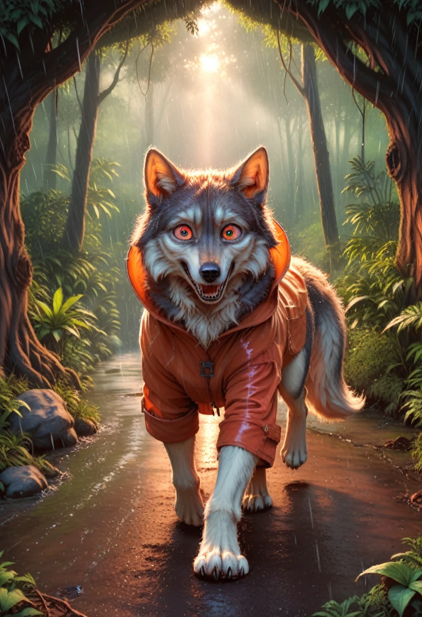 full-body illustration, (1wolf:1.4), (scary:1.1), big size, fluffy fur, wearing a long red raincoat, sharp teeth, (big eyes with a sly expression:1.2), ((walking in the rain:1.3)), (jungle background:1.2), (sunlight filtering through trees), (soft lighting:1.3), (warm and vibrant color scheme:1.2), (highly detailed), (ultra quality:1.3), (masterpiece), (digital art), 8K resolution, HDR, depth of field, (soft shadows), (photorealistic:1.3), (animation:1.2), (by Greg Rutkowski:0.9), (in the style of Alphonse Mucha), trending on ArtStation, award-winning art