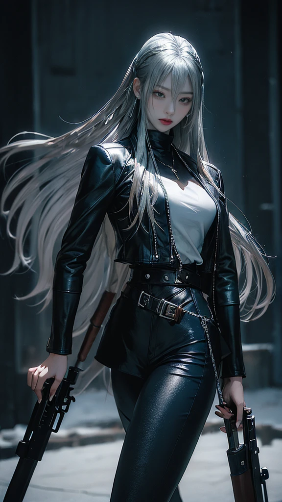 (long silver hair:1.5),Beautiful 25 year old Korean female vampire mercenary, brown skin, (Wearing a blue leather jacket and tight black pants.;1.3), Carrying a rifle, view from the front, waist shot, dynamic pose, Ambient lighting, photographic realism, Intricate facial details, Handcrafted details, very detailed, vivid colors, cinematic, high resolution, Popular styles Raw on Artstation