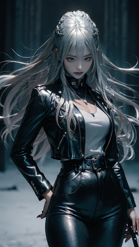 (long silver hair:1.5),Beautiful 25 year old Korean female vampire mercenary, brown skin, (Wearing a blue leather jacket and tight black pants.;1.3), Carrying a rifle, view from the front, waist shot, dynamic pose, Ambient lighting, photographic realism, Intricate facial details, Handcrafted details, very detailed, vivid colors, cinematic, high resolution, Popular styles Raw on Artstation