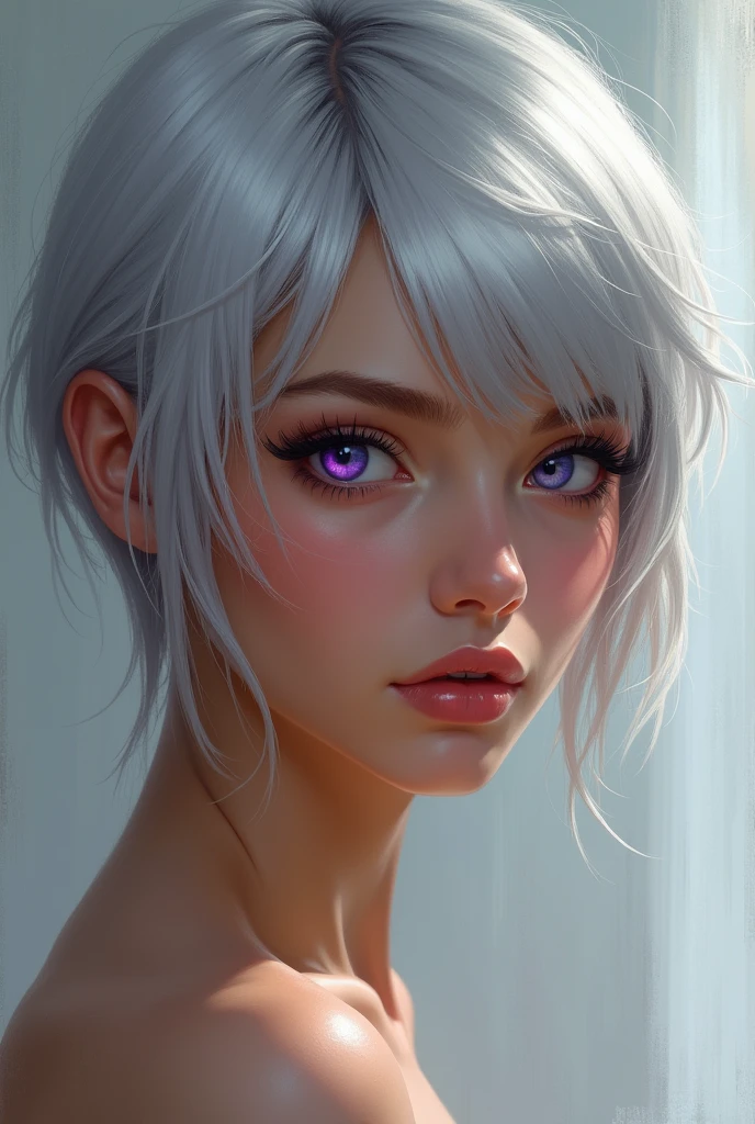 The woman has short white hair and light brown skin., violet eyes
