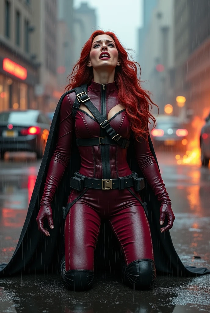 A beautiful Scarlet Witch woman with long red hair wearing a burgundy jumpsuit combined with black cape burgundy boots and gloves black long boots up to her knees in a rainy apocalyptic city cars and buildings on fire magic in her hands black corset over her jumpsuit on her knees screaming exhausted after an extensive battle brown harness over her chest thick straps matching her jumpsuit