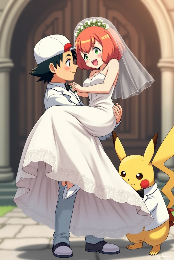 Draw Ash from Pokémon in a wedding suit and a white cap and Misty in a beautiful wedding dress.
He lifts her up outside the church.
Let the bride's hair be short and orange and wear a veil.
Let the bride's eyes be green and the groom's brown.
Add Pikachu with white suit and black bow.