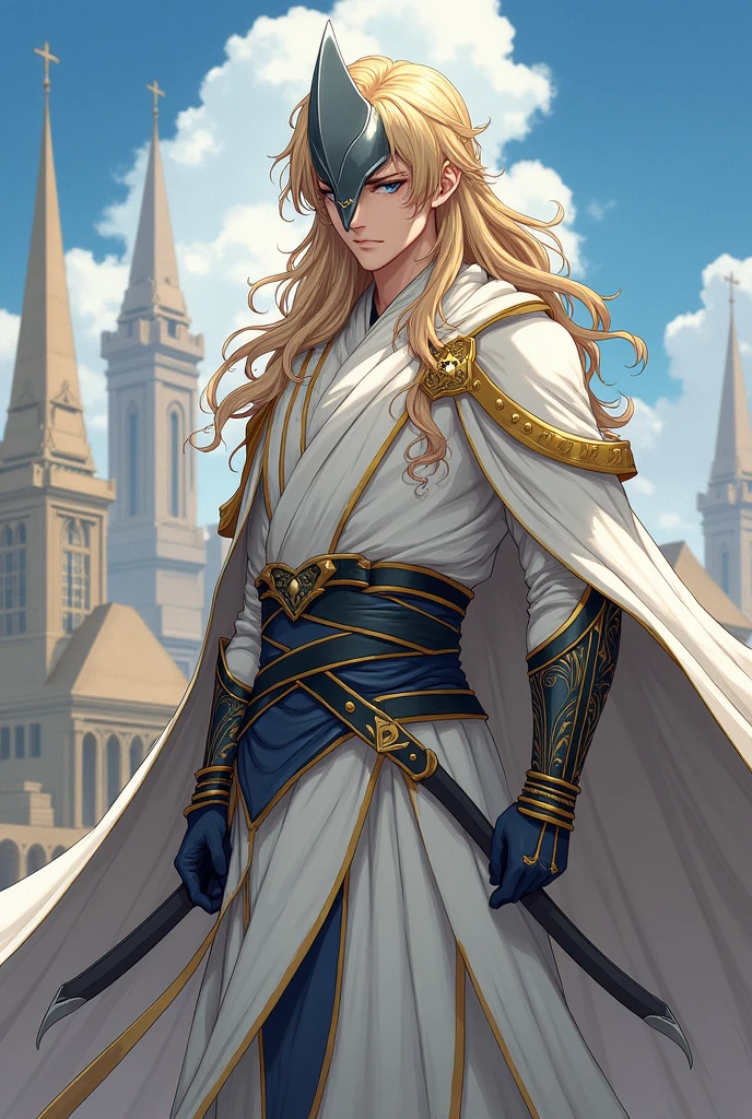 man with long, wavy blond hair, blue eyes with some bands on his arms, wearing a white cloak with gold details with a white haori with golden edges, wearing a gray iron mask, with the kingdom of Jerusalem in the background, semi-realistic anime art style