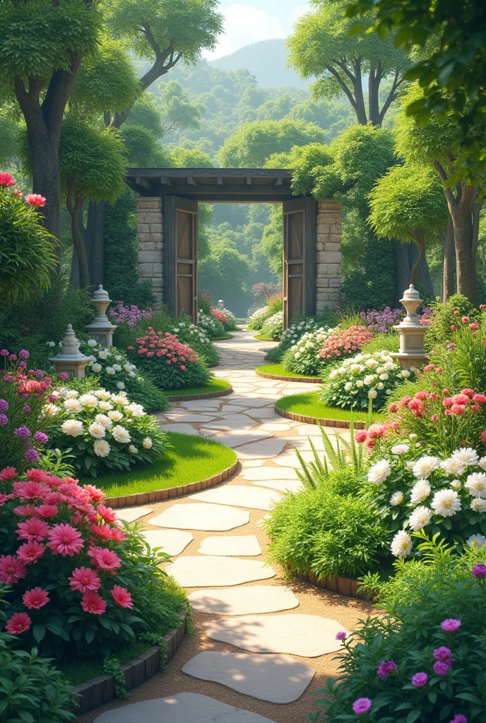 necesito un jardín basado en el siguiente texto I am envisioning my ideal garden, and it is a place that combines beauty and practicality. The garden has a variety of plants, with a mix of vibrant flowers and lush greenery. The layout is spacious, allowing for easy movement and the placement of decorative elements like benches or fountains. I am thinking of pathways made of stone or gravel, leading through different sections of the garden, creating a serene and inviting atmosphere.