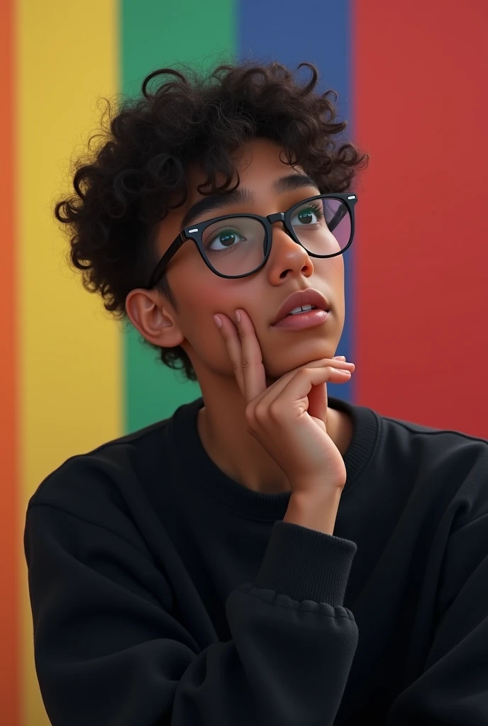 a light-skinned brown ager, with short curly hair, wearing glasses, with a black sweatshirt, a serious expression and a rainbow lgbt background