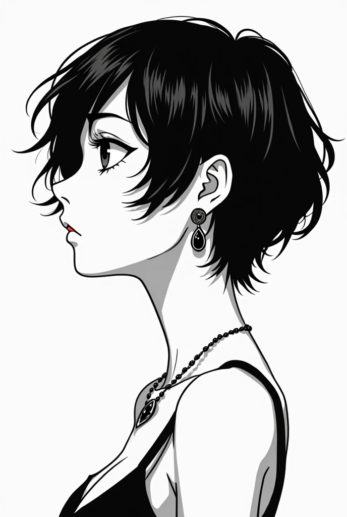 a black and white drawing of a woman with short hair, black and white vector art, anime vector shading, clean line art,intense line art, anime girl portrait profile, extremely thin ink lineart, black and white line art, black on white line art, black and white manga style, anime woman profile head svg 2 colors black and white very thin lines.aretes,ear.jewelly,necklase.