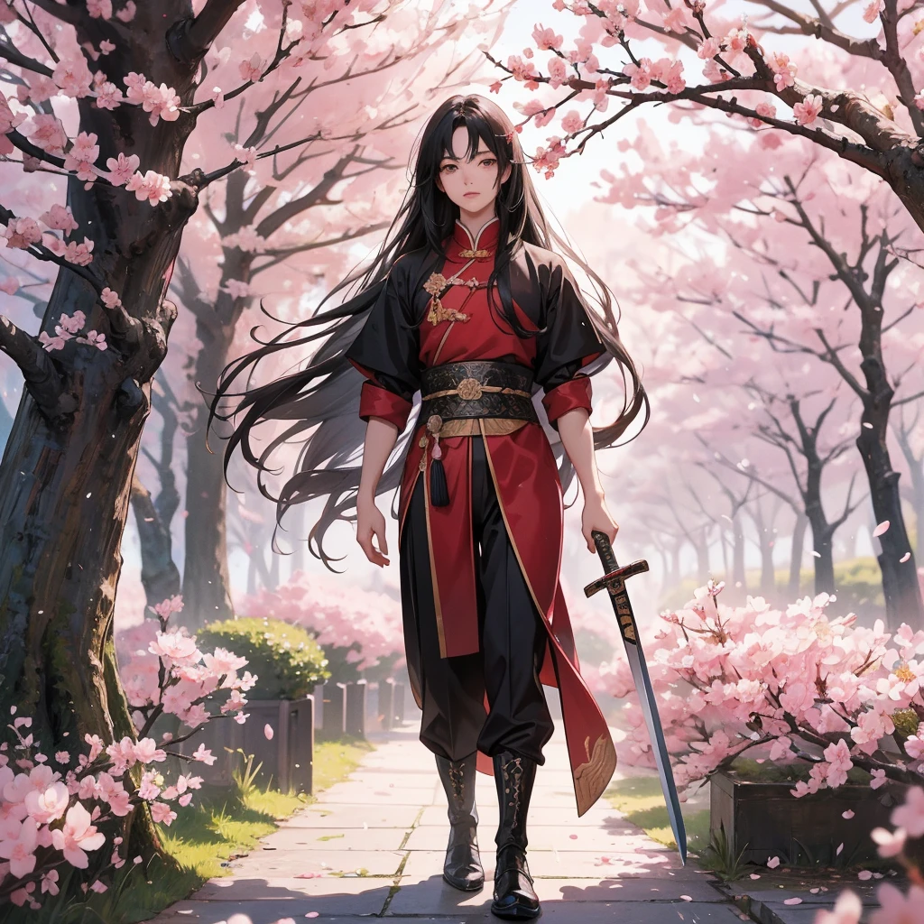 beautiful woman black-haired male general holding a large sword in ancient Chinese general costume, walking In the middle of a cherry blossom storm, cherry blossoms are falling from the trees, Behind them are cherry trees that are in full bloom.