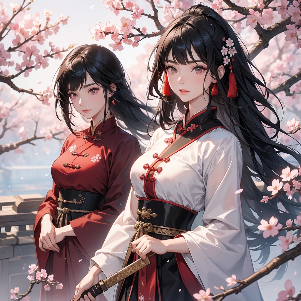 beautiful woman black-haired male general holding a large sword in ancient Chinese general costume, walking In the middle of a cherry blossom storm, cherry blossoms are falling from the trees, Behind them are cherry trees that are in full bloom.