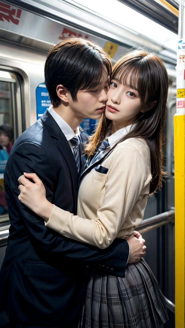 Browsing Caution, Crowded train, Japan , Handsome man hugging his girlfriend from behind, Talk in her ear, Lift her up, Panty show 40k, photograph, masterpiece, Highest quality, Dark Gray Background, ((Japan girls' high school uniform)), A man is leaning on her from behind、i held you up, Mr..々Strike a Pose., Large Breasts