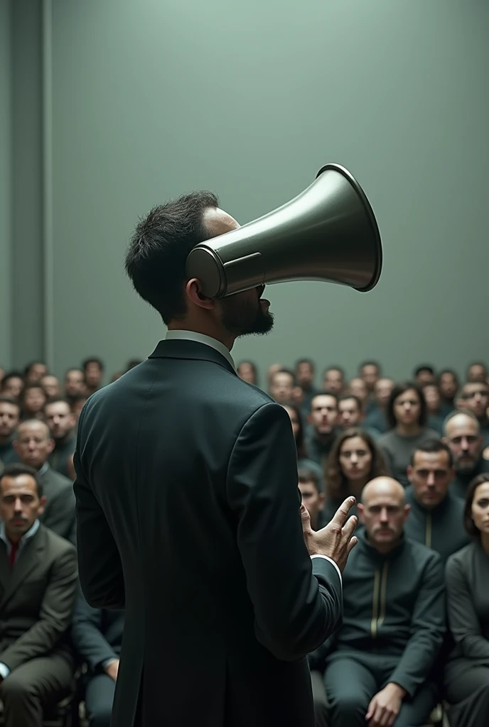 man with megaphone head giving a speech to a shocked audience