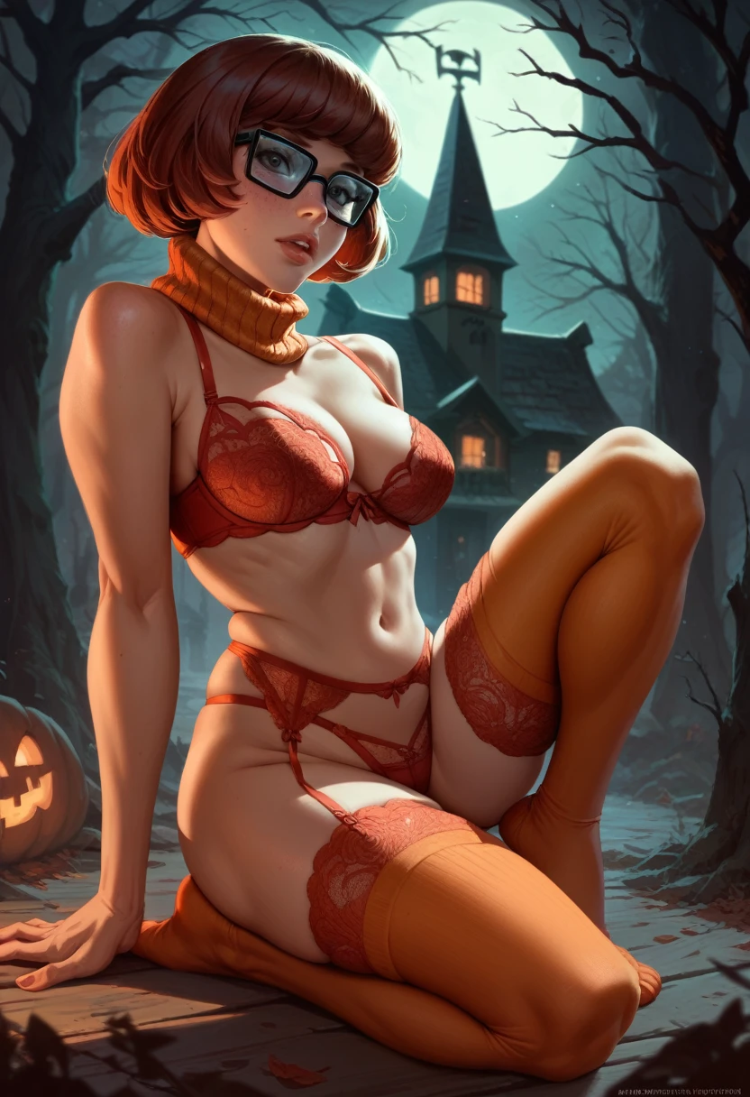 (Velma, lingerie), full body, in a spooky haunted house