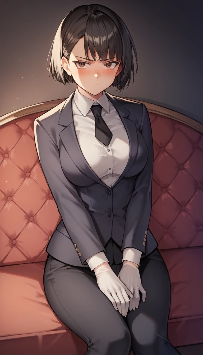 score_9, score_8_up, score_7_up, source_anime, 1girl, brown eyes, room, wariza, short hair, black hair, blush, looking_at_viewer, Frowning face, serious face, looking away, blazer, starshadowmagician, solo, Adult woman, best perfect anatomy, thin, curvy body, medium breasts, curvy body, Hip Level Shot on person, a woman showing disappointed, lonely woman, a woman sitting in sofa, white shirt, black tie, format black vest, Long-sleeved shirt, black trousers, white gloves, wear a white surgical mask, dynamic angle. no light source, dark background, night days, sitting hotel room background, 