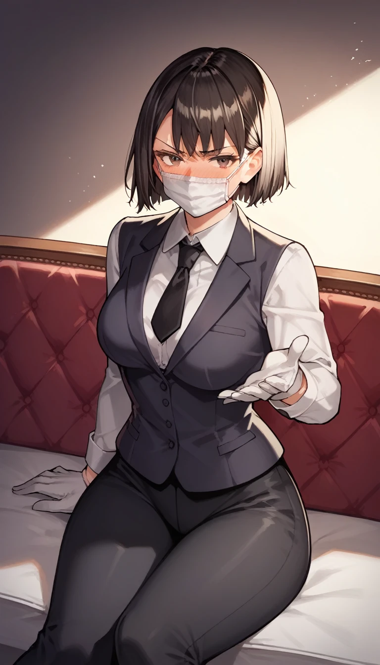 score_9, score_8_up, score_7_up, source_anime, 1girl, brown eyes, room, wariza, short hair, black hair, blush, looking_at_viewer, Frowning face, serious face, looking away, blazer, starshadowmagician, solo, Adult woman, best perfect anatomy, thin, curvy body, medium breasts, curvy body, Hip Level Shot on person, a woman showing disappointed, lonely woman, a woman sitting in sofa, white shirt, black tie, format black vest, Long-sleeved shirt, black trousers, white gloves, wear a white surgical mask, dynamic angle. no light source, dark background, night days, sitting hotel room background, 