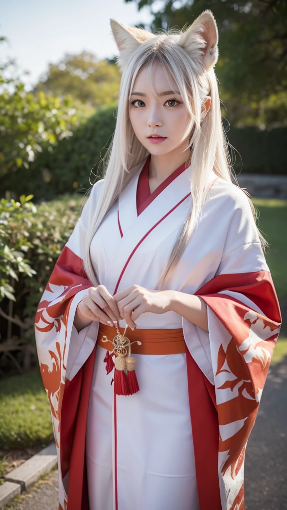 White Demon Fox、Nine-tailed Fox、Japanese women、kimono、Fair skin、Red lines on face、8K、I have long hair