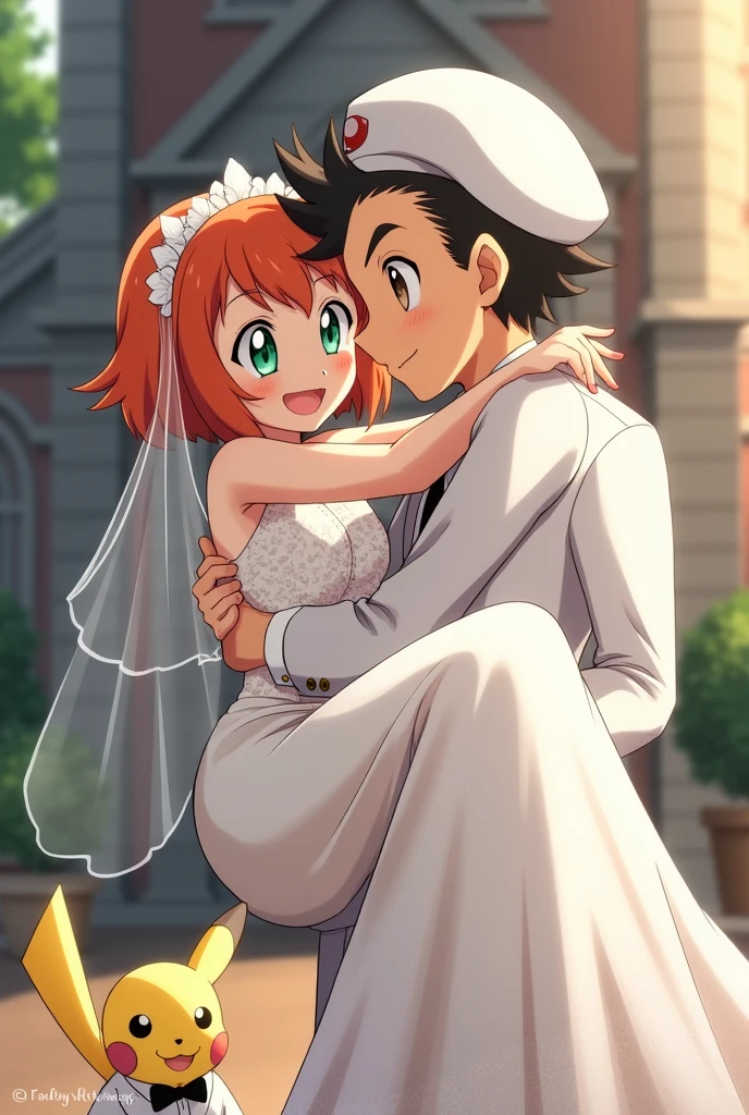 Draw Ash from Pokémon in a wedding suit and a white cap and Misty in a beautiful wedding dress.
He lifts her up outside the church.
Let the bride&#39;s hair be short and orange and wear a veil.
Let the bride&#39;s eyes be green and the groom&#39;s brown.
Add Pikachu with white suit and black bow.
