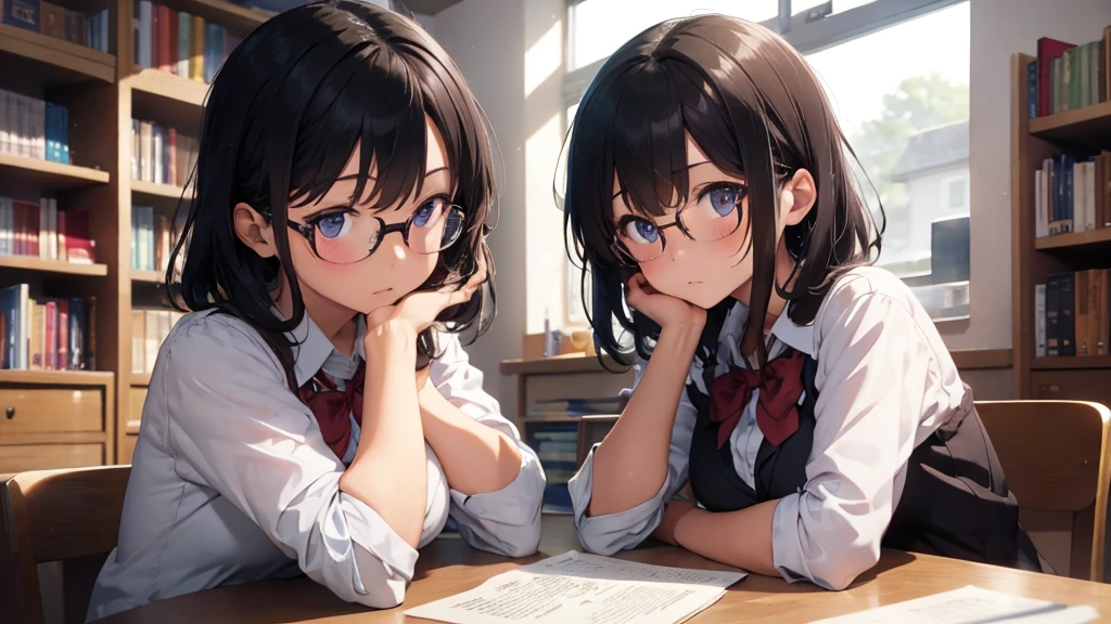 ​masterpiece, top-quality, High-quality images, high resolution, 8K, 1 student, solo, detailed, Detailed eye depiction, skin gloss, school uniform, large breast, Lustrous hair, Black short-haired, disheveled hair, Round glasses, Narrow old room, many bookshelves, studying, shy expression, blushing heavily, sitting at table, looking at viewer