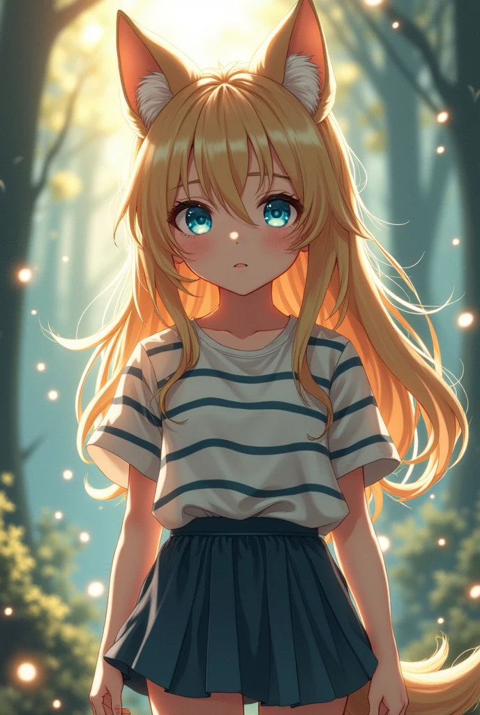 masterpiece, best quality, Langya, 1 Girl, Wolf ears, Wolf Tail, Lovely, Blushed, Looking at the audience, from above, Blonde wavy hair, mini skirt, White and black striped T-shirt, blue eyes, beautiful eyes, Beautiful background, Light Particles, Sun rays, Dramatic Lighting, external, shining, Practical, masterpiece, best quality, ultra-detailed, detailed, landscape, beautiful detailed eyes, detailed hair