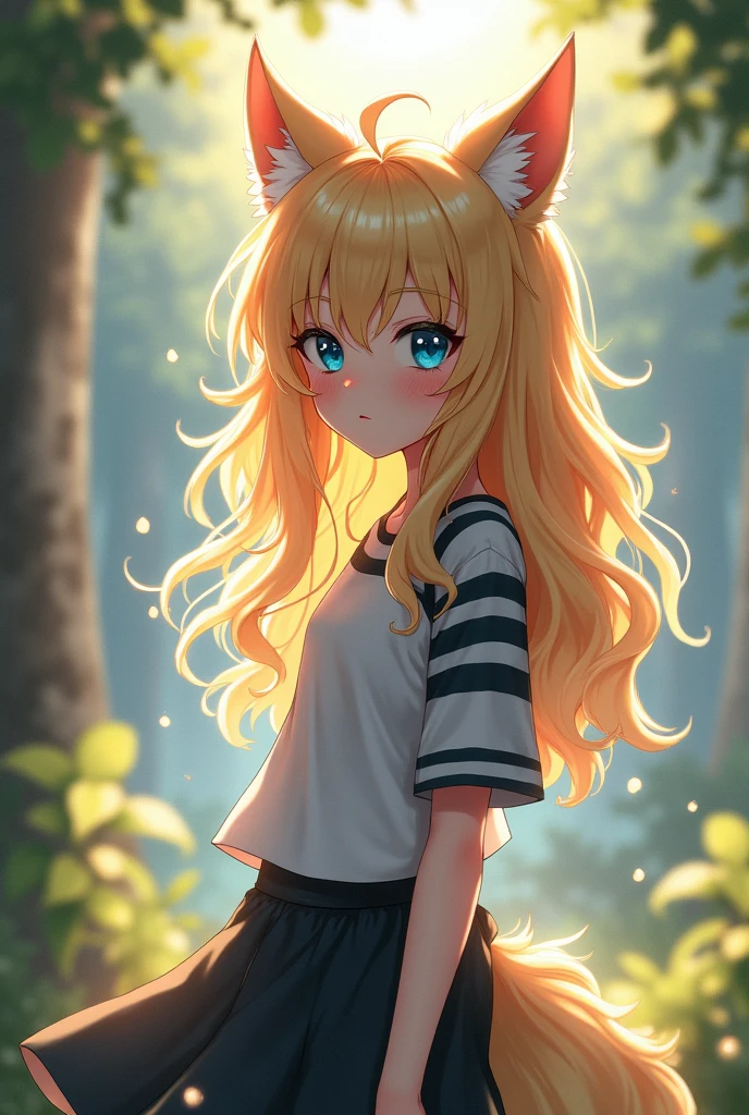 masterpiece, best quality, Langya, 1 Girl, Wolf ears, Wolf Tail, Lovely, Blushed, Looking at the audience, from above, Blonde wavy hair, mini skirt, White and black striped T-shirt, blue eyes, beautiful eyes, Beautiful background, Light Particles, Sun rays, Dramatic Lighting, external, shining, Practical, masterpiece, best quality, ultra-detailed, detailed, landscape, beautiful detailed eyes, detailed hair