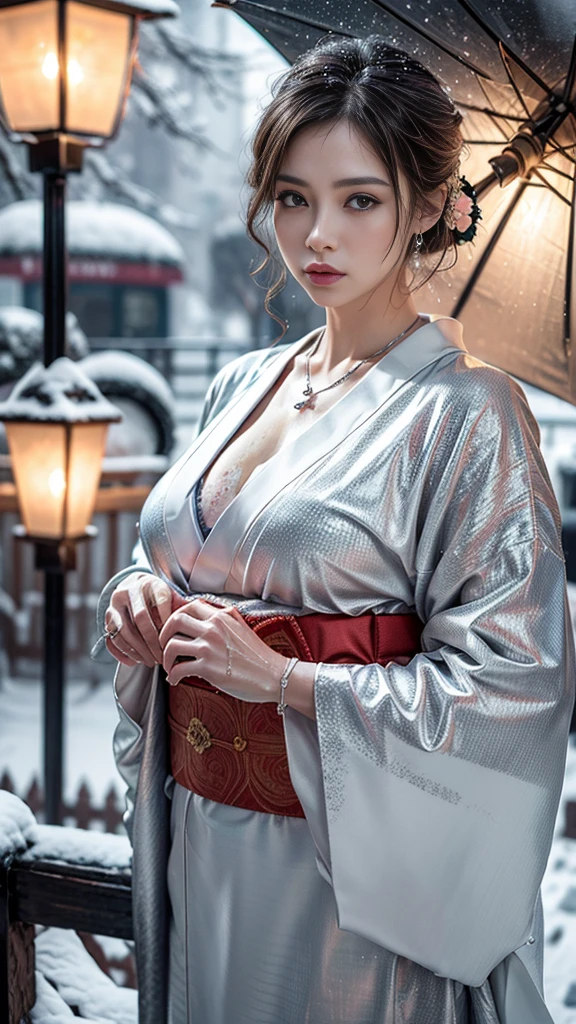 A mature woman in realistic portrait of high quality and detail, movie style, mature face, 43 years old, She has long black hair with short bangs, black eyes, pale skin, asian girl, She is wearing a traditional Japanese white kimono with blue patterns. medium breast, curvy, milf, blushing red face, mole on her face, dramatic look, glow, eye shadow, 1girl, Depth & Perspective, melancholic face, fine face, She's standing in the japanese street, outdoors, snow on background, winter, night time, looking at viewer, (ultra-high detail:1.2), Masterpiece, Best Quality, Ultra-detailed, Cinematic lighting, 8K, delicate features, cinematic, 35 mm lens, f/1.9, highlight lighting, global lighting –uplight –v 4, cinematic, Cinematic lighting, 8K, high quality, Highest Quality, (Solo Focus), (extremly intricate:1.3), (Realistic), masterful, Analog style, (Film grain:1.5), (cold tone),