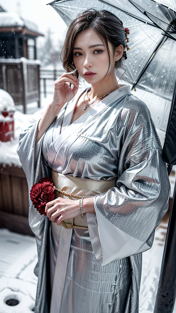 (Photoreal:1.5, 8K, highest quality:1.3, masterpiece, ultra high resolution), (((heavy snow, Blizzard))), Highly detailed skin and facial textures:1.3, perfect dynamic composition:1.2, (In front of a shrine at night in a modern city, expression of sadness:0.7), Tears are flowing:0.7, cry with a broken heart:0.7, Slim office lady wet in the rain:1.2, cowboy shot, Fair skin:1.2, sexy beauty:1.1, perfect style:1.2, beautiful and aesthetic:1.1, very beautiful face:1.2, water droplets on the skin, (rain drips all over my body:1.2, wet body:1.2, wet hair:1.3), (Professional kimono dressing:1.1, With a wet bouquet:1.2, Wearing a wet silver kimono correctly:1.3), (Medium chest, Bra see-through, Chest gap), (Big eyes that exude beautiful eroticism:0.8, adult charm:0.8, Bewitching:0.8), necklace, earrings, bracelet, wedding ring, Highly detailed and accurate hand and finger representation