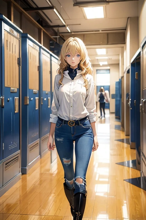 Anime style female character with blond, wavy, waist-length hair, side V bangs, and blue eyes, portraying a calm and dignified demeanor with a mature face. She is wearing skinny jeans with high boots over the jeans, and a refined top. The setting is a typical Japanese school hallway, featuring lockers and classroom doors, embodying her composed and authoritative personality. The character stands confidently, reflecting her strong presence in this academic environment.