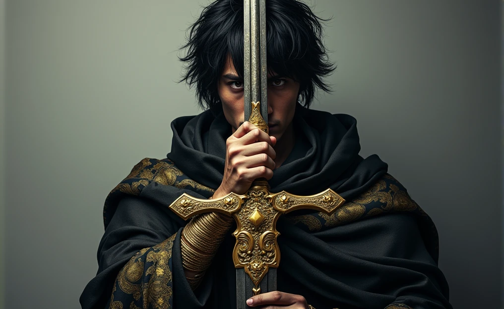 The image features a male character with a piercing gaze, holding a large, ornate sword vertically in front of his face. His black hair is tousled and falls partially over his eyes, which are sharp and focused, giving him a fierce and intense expression. The character's attire is a dark, flowing robe adorned with intricate golden patterns that swirl across the fabric. His hand, which grips the sword's hilt, is wrapped in gold, possibly from ornate jewelry or mystical energy, adding a sense of power and regality.

The sword itself is highly detailed, with a golden hilt featuring sculpted faces and designs, exuding a sense of ancient craftsmanship. The blade is long and straight, with a brilliant sheen, and is perfectly aligned with the character's face, reflecting his intense determination. The background is mostly a gradient of light to dark, further highlighting the character and the sword as the central focus of the image. The overall atmosphere is one of mystery, power, and impending action, with the character poised as if ready to strike or defend.

