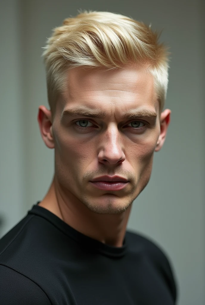 Generate a blond man with a face shaped like a construction hammer