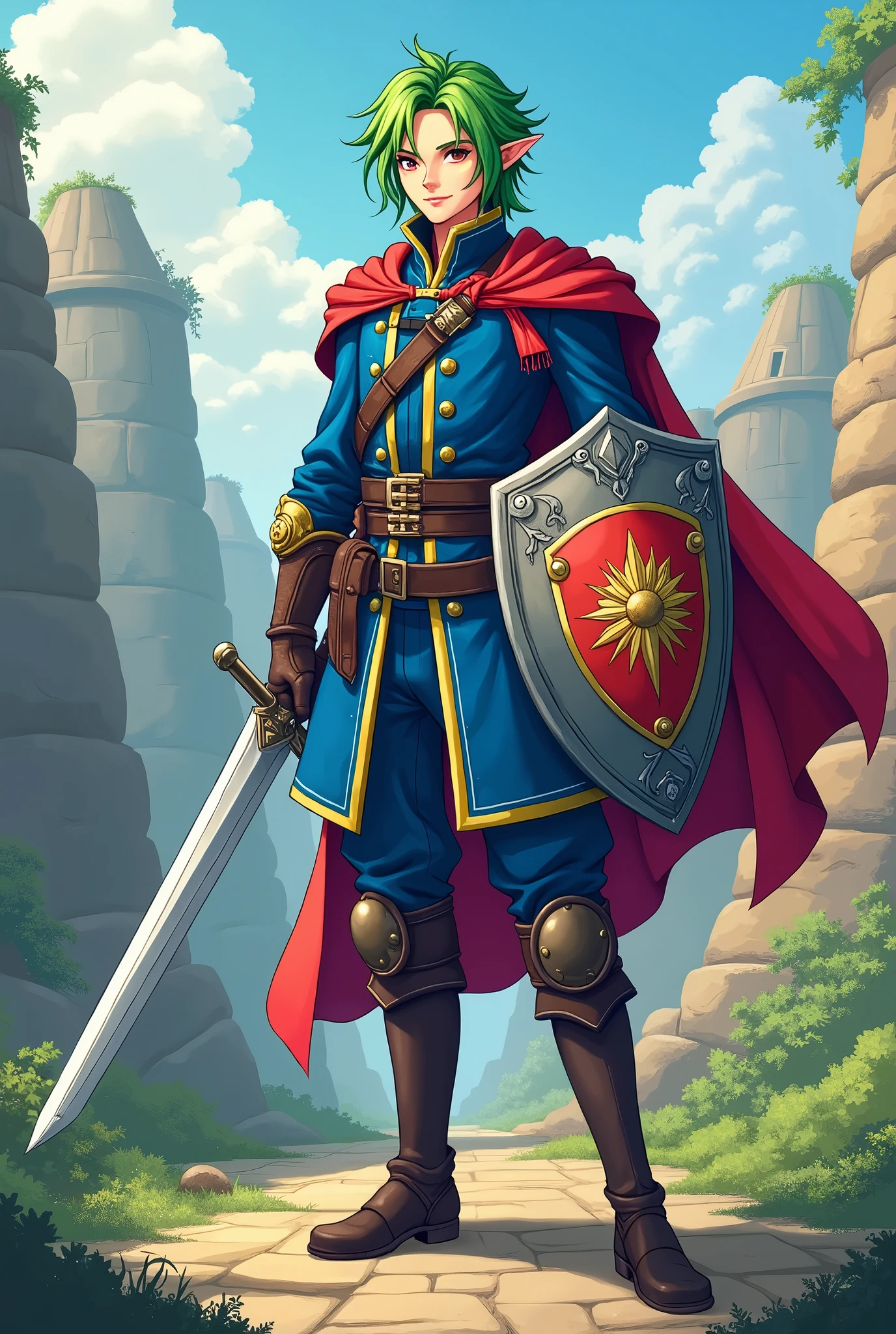 Final fantasy style, pixelated, character, cartoon, RPG character, legendary hero, 2D game isometric art, masterpiece, super detailing, holding sword in one hand and shield with coat of arms in other hand, digital quality at best , (blue military uniform), (green hair), (red fabric tied on the left shoulder).