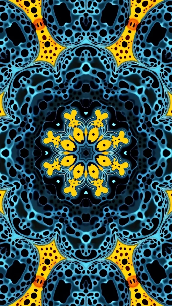 A surreal and disturbing kaleidoscopic pattern inspired by trypophobia, featuring multiple layers of small, closely-packed holes resembling those found in lotus pods. The holes are arranged symmetrically in intricate, repeating patterns, creating a mesmerizing yet unsettling visual effect. The colors include a vivid mix of deep blues and bright yellows, with the holes appearing dark and glossy. These vibrant blue and yellow hues contrast sharply with the organic, unsettling texture of the holes. The kaleidoscope effect multiplies the patterns, making the image appear as if it is swirling and pulsating with a vivid, eerie energy. The overall effect is both hypnotic and deeply unsettling, combining the allure of bright colors with the discomfort of trypophobia.