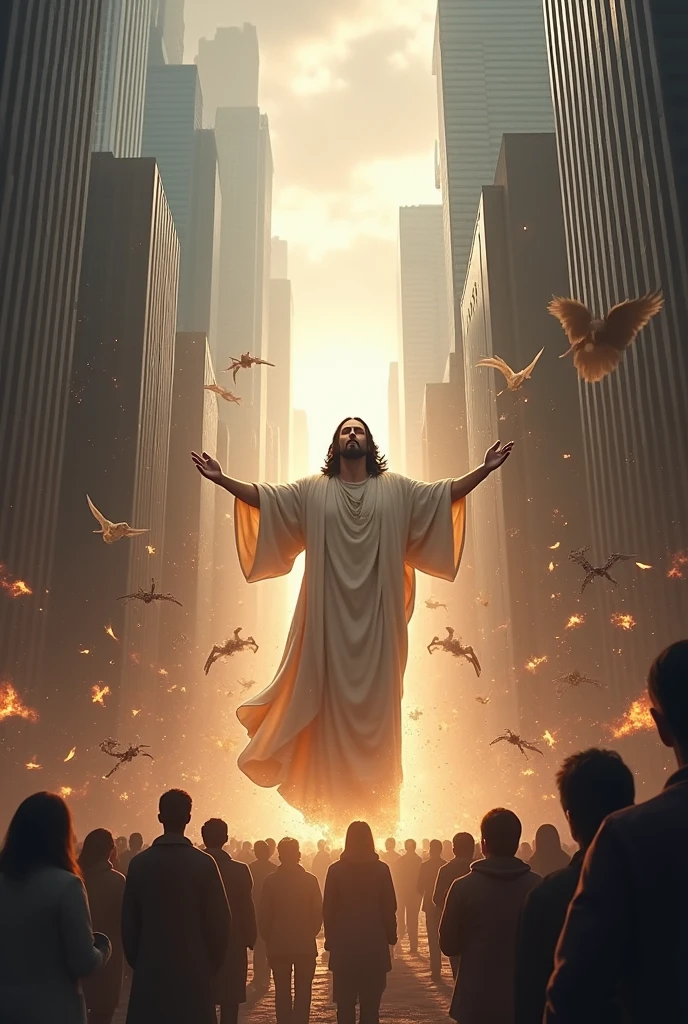 Jesus in a city defeating evil