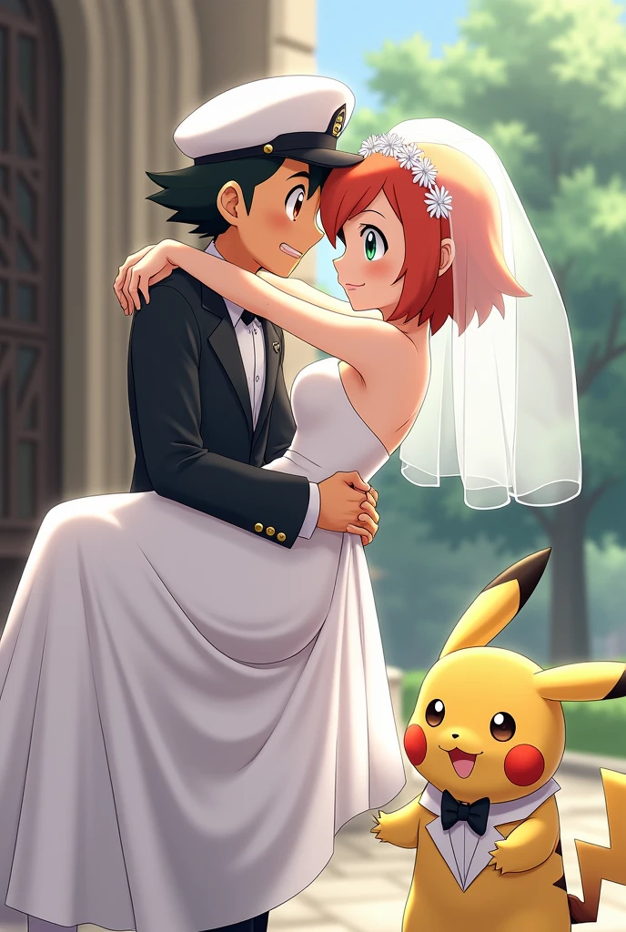 Draw Ash from Pokémon in a wedding suit and a white cap and Misty in a beautiful wedding dress.
He lifts her up outside the church.
Let the bride&#39;s hair be short and orange and wear a veil.
Let the bride&#39;s eyes be green and the groom&#39;s brown.
Add Pikachu with white suit and black bow.
