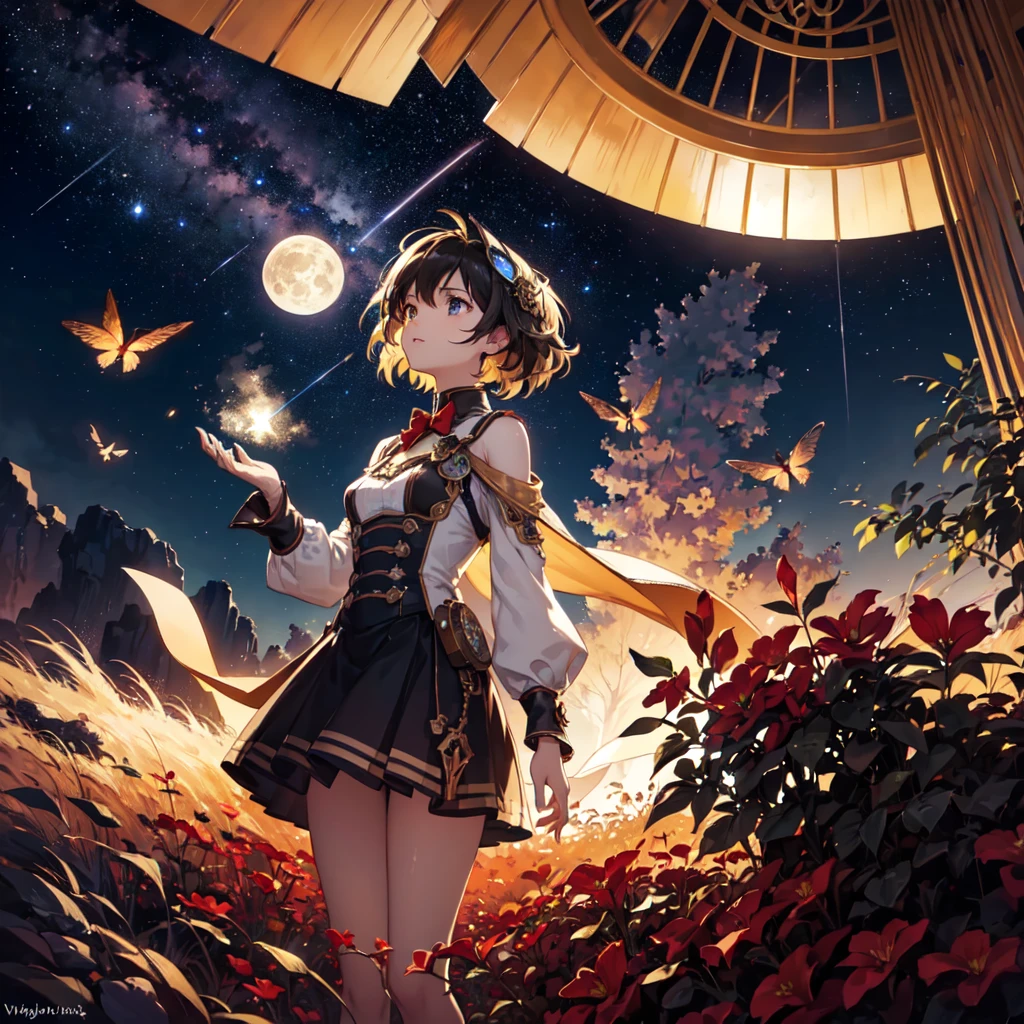 a girl standing in a vast desert landscape, looking up at the night sky with a full moon, shooting stars, and a distant nebula in the background. In the foreground, there is a tree break with a warm light source and fireflies, creating a dreamy, steampunk-inspired atmosphere. The scene is highly detailed, with intricate volumetric lighting, colorful details, and a dynamic composition. The overall tone is warm, with red and blue hues, creating a sense of solitude and wonder. (best quality, 4k, ultra-detailed, masterpiece, photorealistic, highly detailed, dynamic composition, warm light source, firefly, full moon, shooting star, nebula, distant mountain, tree break, volumetric lighting, red, blue, colorful details, glowing lighting, atmospheric lighting, dreamy, steampunk, alone)