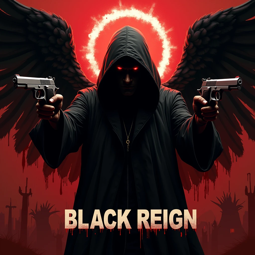 Black hooded man, mysterious, red eyes, bloody angel halo above head, black angel wings, bloody background, holding two pistols, word “Black Reign” in large text below it, hyper realism, logo