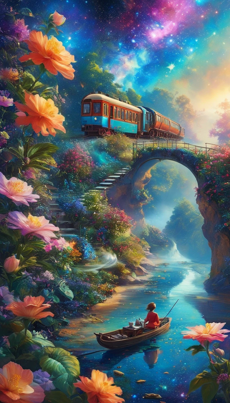 "((Surreal)) Serene Painting (()) Enjoy tea in a fantastic garden, Vivid galaxy background, An intricate train winding its way through heavenly plants, Dreamy atmosphere, Amazing colors, ((Fantasy)) scene