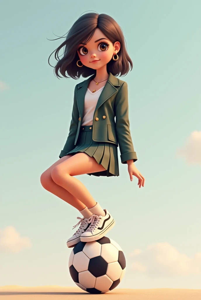 girl in blazer skirt and sneakers sitting on a small beach ball, with the beach ball having a smiley face on it.