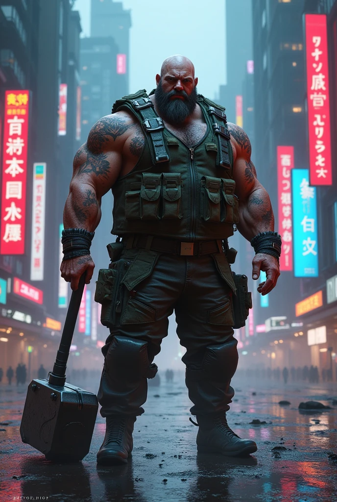Create a 130-kilogram burly man, hunter and ex-military man with a combat hammer in his hand in the world of cyberpunk