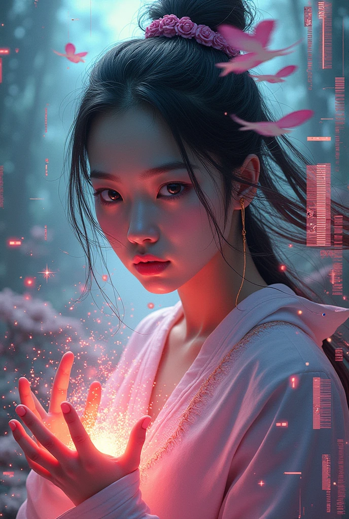 Collage of a Korean girl with powers inside a video game