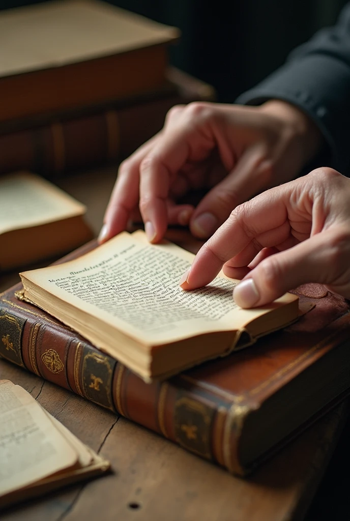 A close-up of Jose Greorio Paz Soldan&#39;s books and documents , with hands that study them.