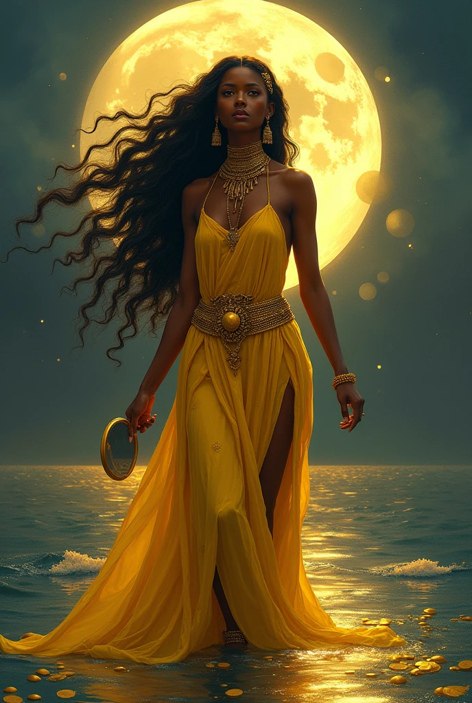 african woman, yellow and gold dress, queen of the rivers, gold coins, long wavy black fur , full moon, necklaces. jewelry, fertility , wind , hand mirror, sexy, inside the river , pieces, pregnant