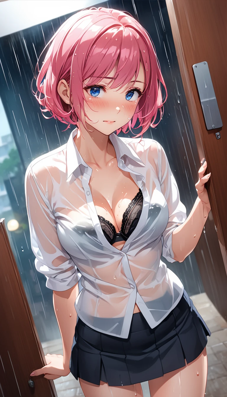 hot pink hair, very short hair、dynamic angle, office lady, see-through shirt, (micro mini-skirt), Are standing, black bra, see-through panties , Wet body、Wet Hair、Wet Face、Sweat、In front of a love hotel、In front of the motel、a girl、24-years-old、Best Bust、Mid-chest、Beautiful Eyes、Blue Eyes, red cheek、masterpiece, High resolution、8K quality、Anime Style、Cute face、((Top quality eyes)),Blue Eyes, Natural light、Outdoor、heavy rain、In the hotel district, Embarrassed expression、blush、