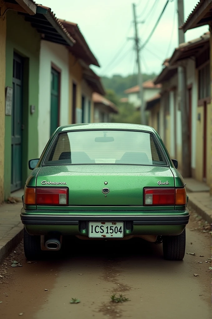 Chevette green metallic paint (1993) Chevrolet logo, license plate ICS 1954, parked diagonally on a street of old and humble houses in northeastern Brazil 