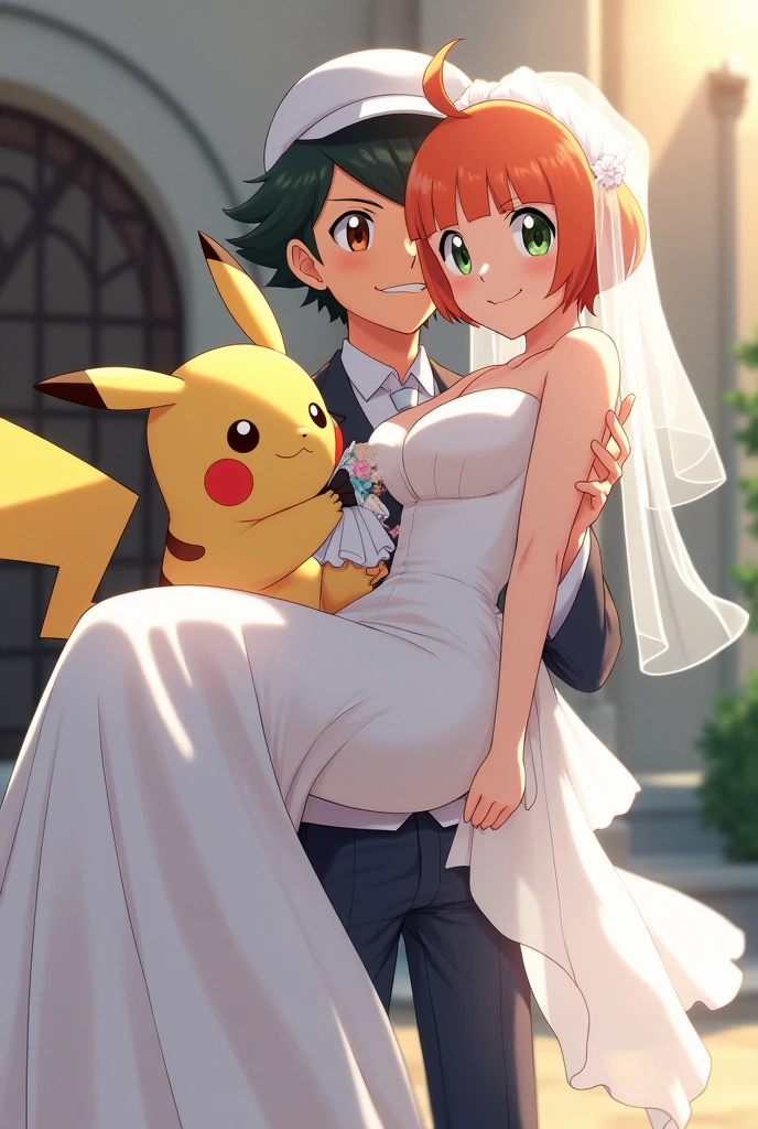 Draw Ash from Pokémon in a wedding suit and a white cap and Misty in a beautiful wedding dress.
He lifts her up outside the church.
Let the bride's hair be short and orange and wear a veil.
Let the bride's eyes be green and the groom's brown.
Add Pikachu with white suit and black bow.