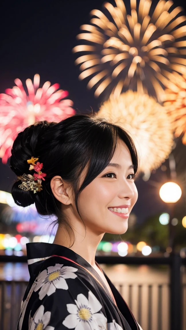 yukata night Fireworks Smiling Mature Woman Black hair chignon