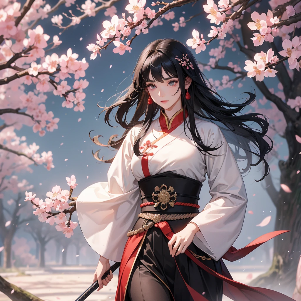 beautiful woman black-haired male general holding a large sword in ancient Chinese costume, walking In the middle of a cherry blossom storm, cherry blossoms are falling from the trees, Behind them are cherry trees that are in full bloom.