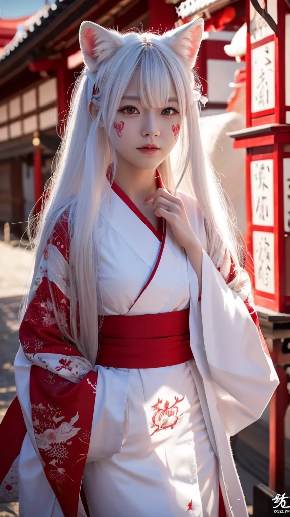 White Demon Fox、Nine-tailed Fox、Japanese women、kimono、Fair skin、Red lines on face、8K、I have long hair